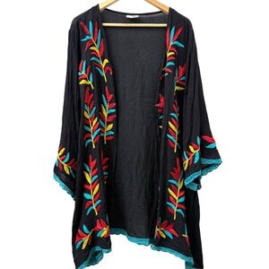 Shoreline 1X‎ Plus Black Sheer Cardigan Coverup Floral Embroidered Beach Boho